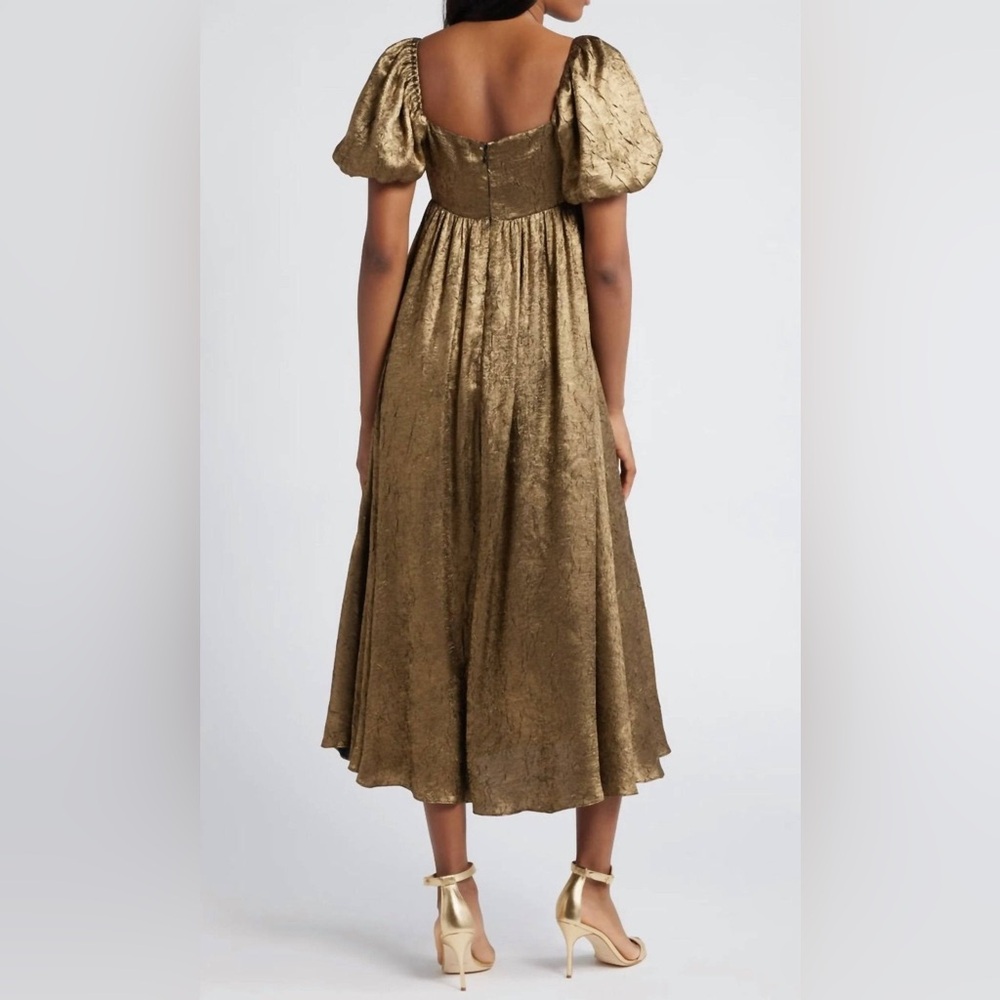MOON RIVER Gold Shimmer Midi Dress Elegant Gold Puff Sleeve Dress M nwt - Picture 3 of 7